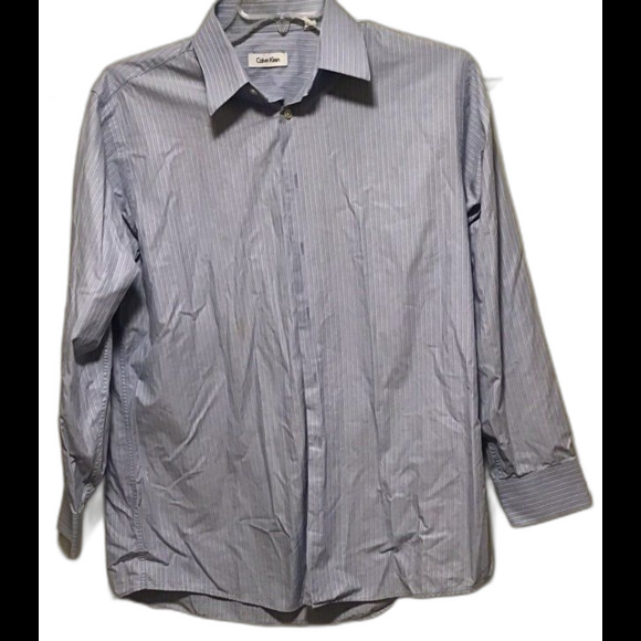 Calvin Klein Button Up Mens 32/33 Long Sleeve Dress Shirt Blue/White Stripes - Picture 1 of 3